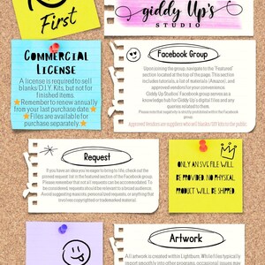 May include: A corkboard displays several colorful sticky notes with handwritten text. The notes provide information about a Facebook group, commercial licenses, and artwork. The text includes "Read First," "Request," and "Only an SVG file will be provided."
