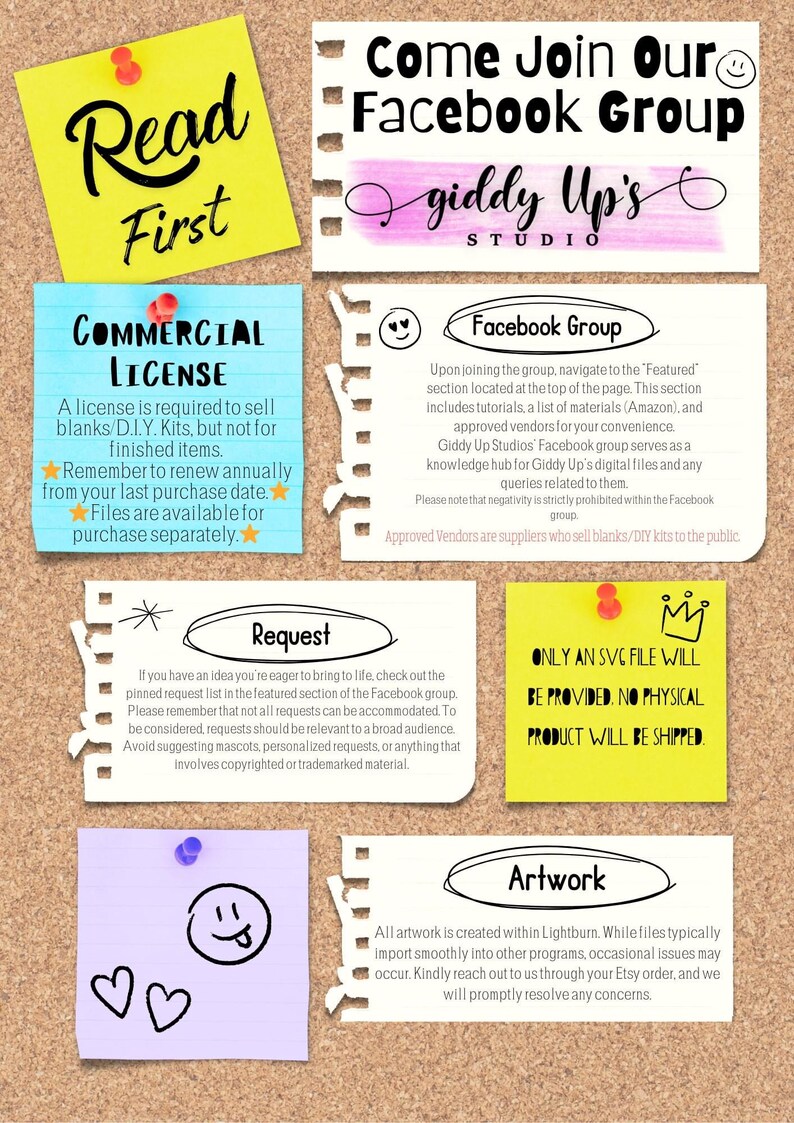 May include: A corkboard displays several colorful sticky notes with handwritten text. The notes provide information about a Facebook group, commercial licenses, and artwork. The text includes "Read First," "Request," and "Only an SVG file will be provided."