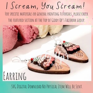 May include: A pair of wooden earrings shaped like ice cream cones with scoops of pink, green, and brown ice cream. The earrings are decorated with a waffle cone texture and the text "I Scream, You Scream!" is visible on the earrings.
