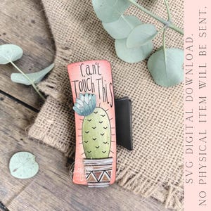 May include: A rectangular magnet featuring a cactus illustration with the text "Can't Touch This." The cactus is green with black accents, a blue flower, and a decorative pot. The background is a light coral color.