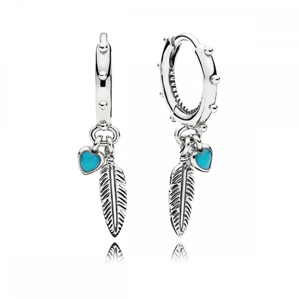 Pandora Turquoise Hearts & Feather Hoop Earrings Silver Feather Enamel Drop Women Pandora Earrings Gift For Her S925 UK