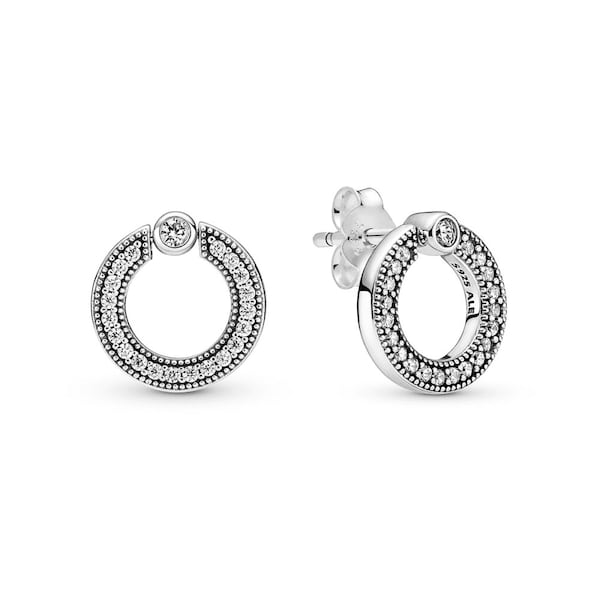 Silver Pandora New Pave & Logo Circle Reversible Stud Earrings / Anniversary gifts / Friend gift