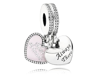 PANDORA Best Friend Dangle Charm , Silver Pink Enamel Two Parts Double Sides Charm Engraved Best Friends , Charms For bracelets UK S925