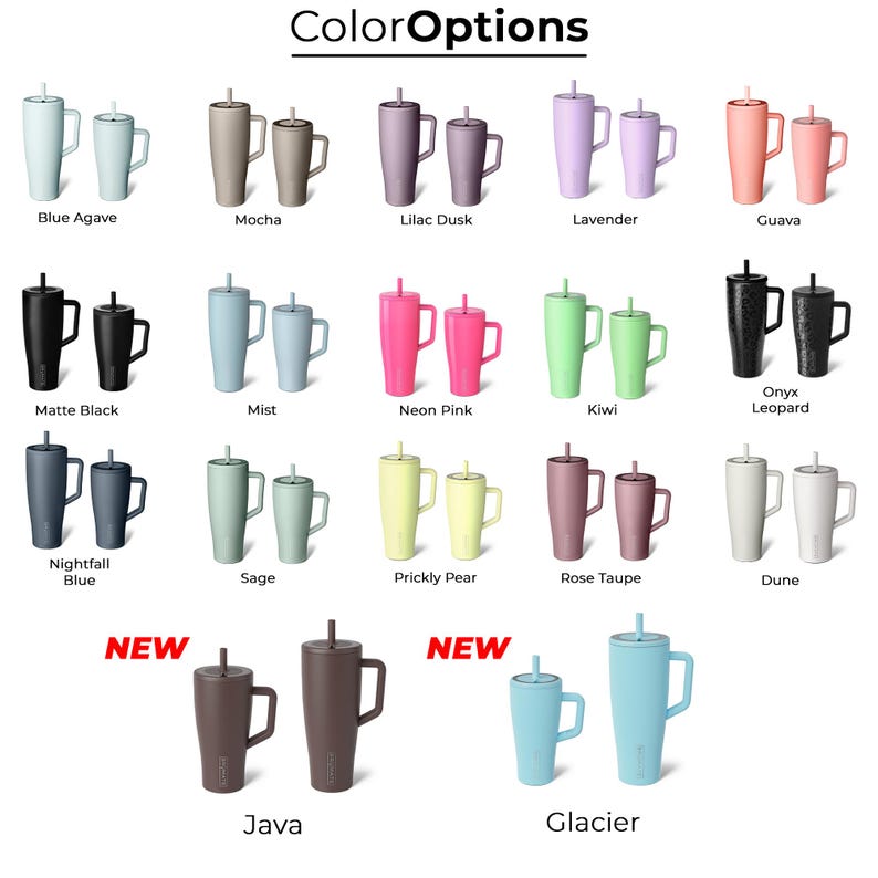 a collection of colorful tumblers and cups, each with a unique color and design, arranged in a grid format.