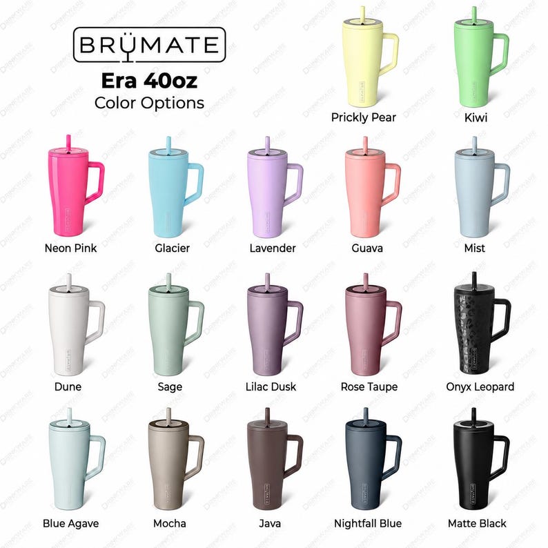 May include: A collection of Br&uuml;mate Era 40oz tumblers with handles and straws, displayed in various colors including Prickly Pear, Kiwi, Neon Pink, Glacier, Lavender, Guava, Mist, Dune, Sage, Lilac Dusk, Rose Taupe, Onyx Leopard, Blue Agave, Mocha, Java, Nightfall Blue, and Matte Black.