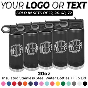 May include: Set of five black 20 ounce insulated stainless steel water bottles with flip lids. Each bottle has a silver band around the bottom and a silver lid with a black handle. The bottles are all labeled with "YOUR LOGO" in a circle.