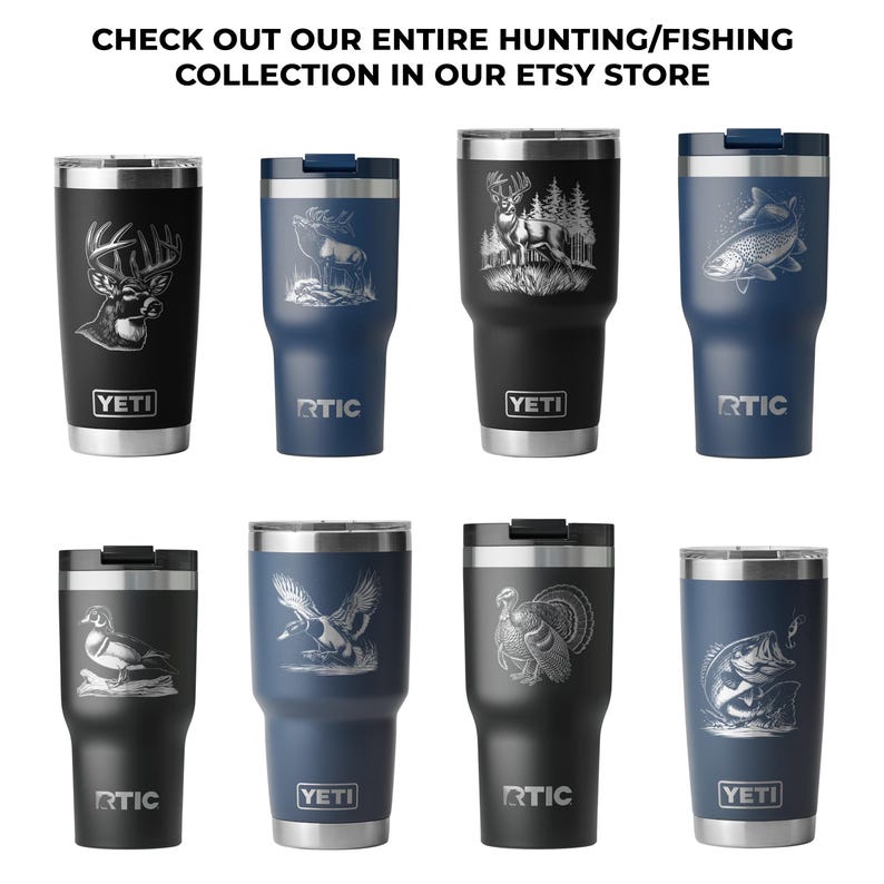 a collection of eight stainless steel tumblers with various hunting and fishing motifs engraved on them.