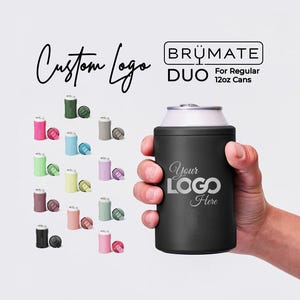 May include: A matte black BrüMate Duo can cooler for 12oz cans featuring the text Your Logo Here. The image displays a variety of colored can coolers in the background, including green, pink, blue, grey, purple, yellow, and black options.
