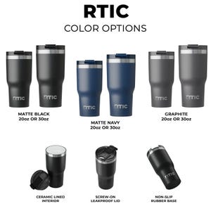 a collection of RTC (Ribbonized Tic Tacs) in various colors and styles, including matte black, navy blue, graphite, ceramic lined, screw on, non-slip rubber base, and ceramic lined.