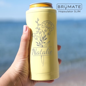Birth Flower & Name Birthday Brumate Hopsulator SLIM Can Cooler Drink Holder for 12oz Skinny Cans - Engraved Custom Insulated Floral Gifts