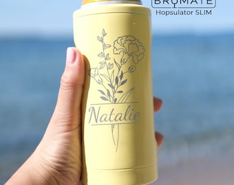 Birth Flower & Name Birthday Brumate Hopsulator SLIM Can Cooler Drink Holder for 12oz Skinny Cans - Engraved Custom Insulated Floral Gifts