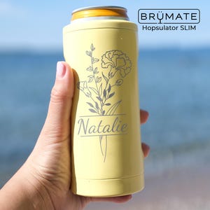 Birth Flower & Name Birthday Brumate Hopsulator SLIM Can Cooler Drink Holder for 12oz Skinny Cans - Engraved Custom Insulated Floral Gifts