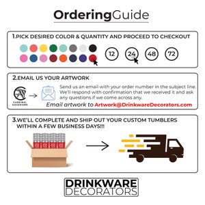 May include: A guide for ordering custom tumblers. The guide includes a color chart, quantity options, and instructions for emailing artwork. The text reads "Ordering Guide", "1. Pick desired color & quantity and proceed to checkout", "2. Email us your artwork", "Send us an email with your order number in the subject line. We'll respond with confirmation that we received it and ask any questions if we come across any. Email artwork to Artwork@DrinkwareDecorators.com", "3. We'll complete and ship out your custom tumblers within a few business days!!!", and "Drinkware Decorators".