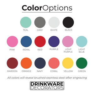 May include: Color options chart for drinkware customization.  The chart shows 14 different colors, including teal, gray, white, black, pink, royal blue, red, purple, light purple, light blue, maroon, orange, navy, coral, yellow, and green.  The text at the bottom of the chart reads "All colors will reveal brushed stainless steel after engraving" and "Drinkware Decorators".