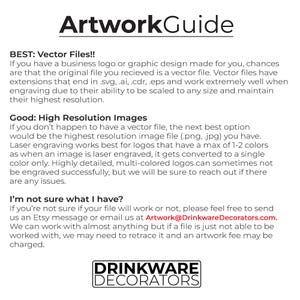 May include: Artwork Guide text with information about vector files, high resolution images, and contact information for Drinkware Decorators.