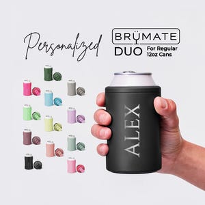 May include: A matte black BrüMate Duo can cooler for regular 12oz cans, featuring the name ALEX engraved vertically in a serif font. The image displays a variety of other colored can coolers in the background with the text Personalized.