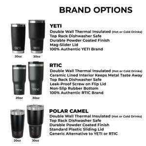 three different sizes of stainless steel tumblers, each with unique features and branding options.