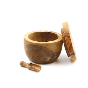 Olive wood salt & pepper keeper (1pc) | Salt box + snap shut swivel top lid