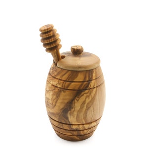 Olijfhouten honingpot met deksel en lepel | Olijfhouten honingdruppels | handgemaakte menglepel | Retro keukeninrichting | Speciaal huwelijkscadeau
