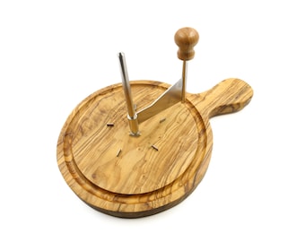 Premium olive wood cheese board with stainless steel platter | Swiss rotary cheese grater | Handmade olivewood round platform cheese curler