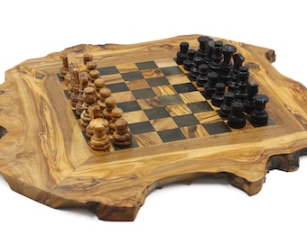 Natural olive wood chess set, board and pieces | Rustic live edge olivewood board and pieces | Premium vintage chess set | Chess lover gift