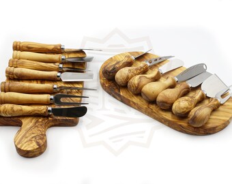 Olive wood luxurious set of 7 cheese knives with board | Cheese slicer & cutter set | Multi-functional charcuterie stainless steel knife