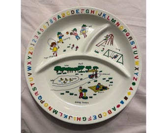 Vintage 1985 Interpur Alphabet Numbers Kids Divided Plate Park Scene Melamine