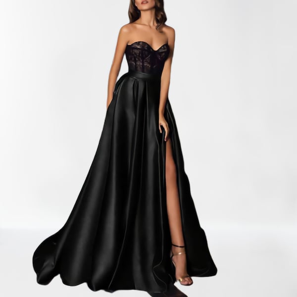 Jupe longue plissée en satin fendu pour femme Jupe de fête d'anniversaire pour occasions spéciales Jupe de demoiselle d'honneur pour mariage