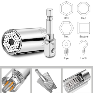 May include: A silver socket wrench with a 1/4 inch drive and a variety of interchangeable bits. The wrench has a hexagonal, square, nut, eye, and hook shape. The wrench is shown in a close-up view with the bits visible.