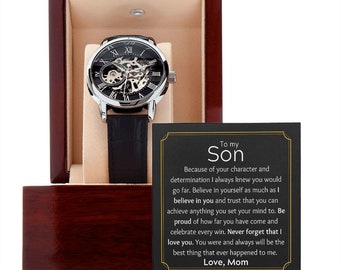 Men's Openwork Watch To My Son From Mom, Openwork Watch with Message Card and Luxury Box, Gift For Son, Men's Watch, Present, Jewelry