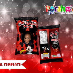 May include: Red and black chip bag template with a Mickey Mouse design. The bag has a photo frame with a child's photo and the text "Happy 1st Birthday Deyami".