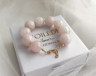 15mm Rose Quartz Bracelet: Natural Gemstone Beaded Jewelry, 18k Gold Filled