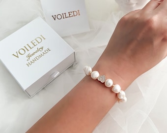 Bracelet de perles d'eau douce naturelles avec coeur brillant, Bracelet de perles véritables de perles d'or 18 carats pour femme, cadeau pour elle, cadeaux de demoiselle d'honneur