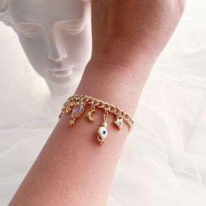 Pulseira de ouro 18k com 6 berloques, pulseira e colar delicados e personalizados com pérolas para mulheres, joias com berloques, presente para ela