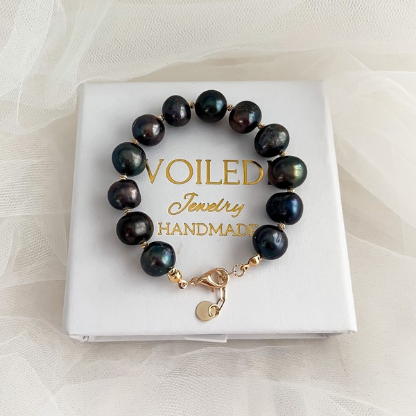 Genuine Natural Freshwater Black Pearl Bracelet, 18k Gold Filled Real Pearl Bracelet For Woman, Elegant Pearl Jewelry, Gift For Her