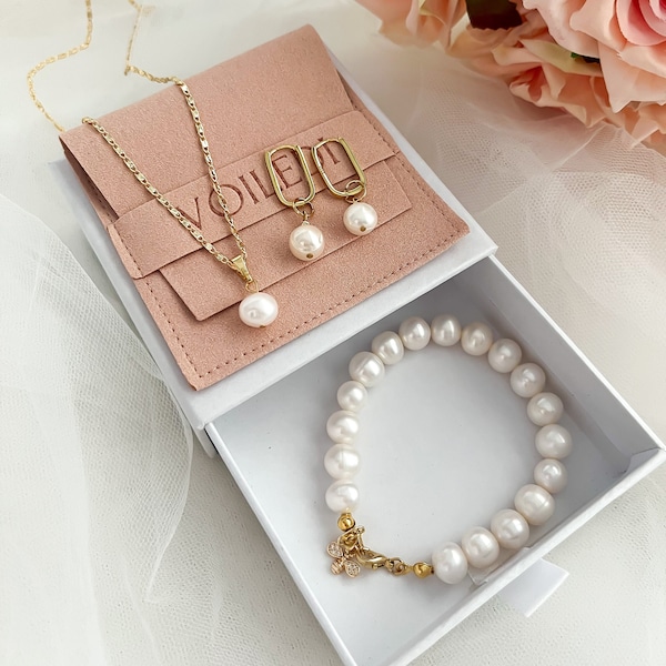 Natural Freshwater Pearl Set, 18k Gold Filled Pearl Set For Woman, Dainty Real Pearl Set, Beaded Pearl Jewelry For Wedding, Bridesmaid Gift