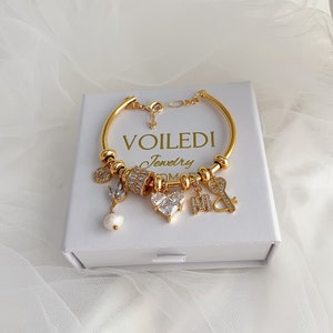 Pulsera de encanto llena de oro de 24k con 6 encantos, pulsera personalizada delicada con encanto de perla para mujer, joyería de encanto, regalo para ella, regalos de cumpleaños