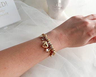 18k Gold Filled Bettelarmband mit 7 Anhängern, zierliches benutzerdefiniertes Bettelarmband und Halskette mit Perle für Frauen, Bettelschmuck, Geschenk für sie