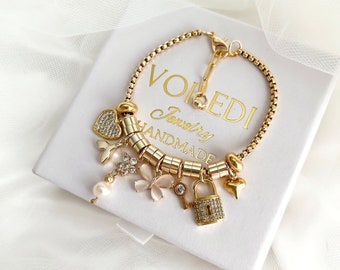 Bracelet à breloques en or 18 carats avec 7 breloques, bracelet à breloques personnalisé délicat et collier avec perle pour femme, bijoux à breloques, cadeau pour elle