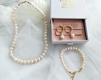 Set di gioielli di perle riempite d'oro 18k: set da sposa in acqua dolce naturale