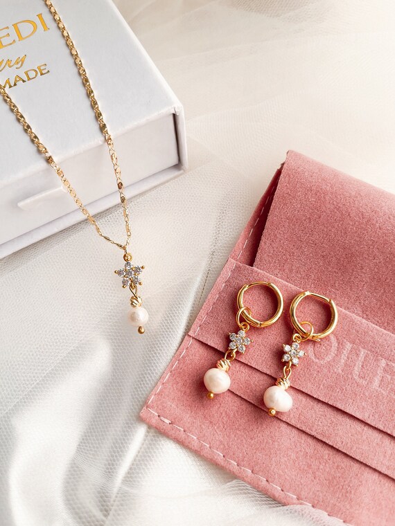 Dainty 18k Gold Filled Pearl Jewelry Set: Bridal Freshwater Pearl