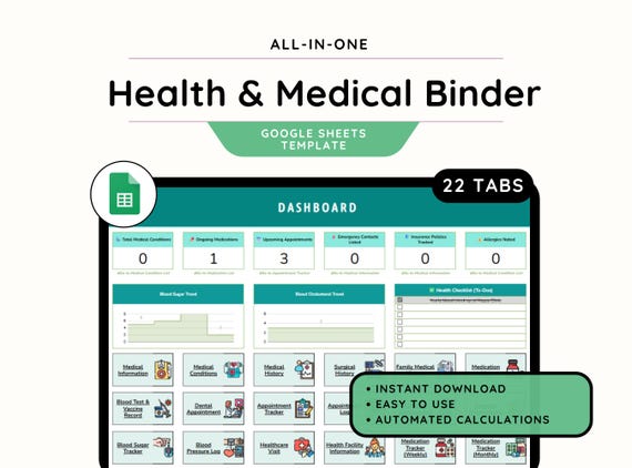 Medical Binder Spreadsheet | Medical Tracker Google Sheets Template | Digital Health & Medical Planner| Family Health Tracker Template
