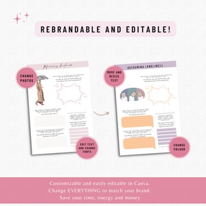 May include: A pink and white printable worksheet with the text "Reframing Loneliness" and "Change Photos" on the left side and "Reframing Loneliness" and "Move and Resize Text" on the right side. The worksheet includes prompts for reflection and journaling.