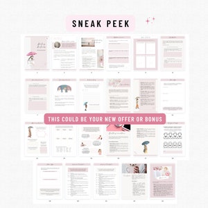 May include: A pink and white workbook with the title "Feeling Business" and the text "This could be your new offer or bonus". The workbook is divided into 23 sections, each with a different topic related to business.