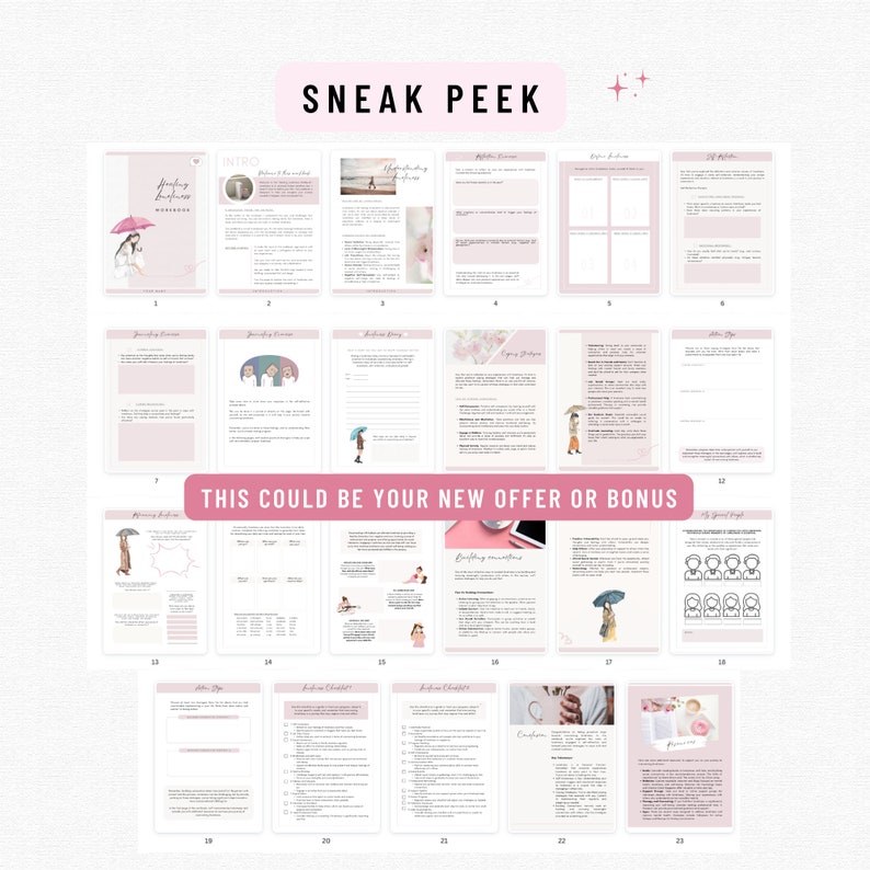 May include: A pink and white workbook with the title "Feeling Business" and the text "This could be your new offer or bonus". The workbook is divided into 23 sections, each with a different topic related to business.