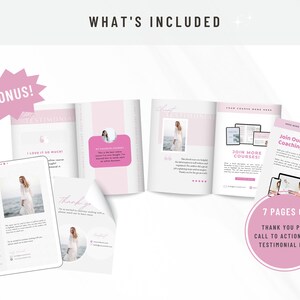 May include: A pink and white digital marketing kit for online courses. The kit includes a thank you page, a call to action page, and a testimonial page. The kit also includes a bonus page with a testimonial.