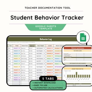 Op de afbeelding: Een digitaal documentatiehulpmiddel voor docenten genaamd Student Behavior Tracker, gepresenteerd als een Google Sheets-sjabloon. De interface toont een gedragslogboek met kolommen voor tijd, periode, naam, ID, klas, locatie en gedragscategorie.