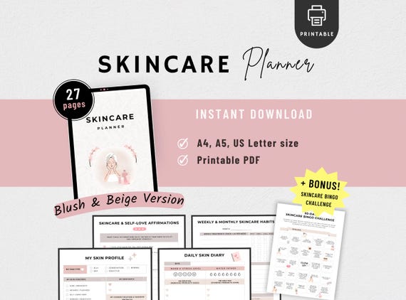 Skincare Planner Printable, Pink Skincare Journal, Skincare Tracker, Skincare Routine, Self Care Beauty Planner, Self Love Printable Planner