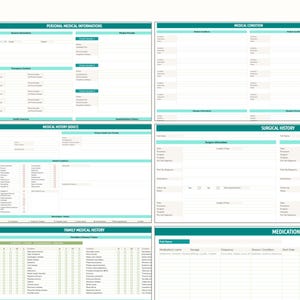May include: Six medical forms in a teal and white design. The forms are divided into sections for personal medical information, medical conditions, medical history, surgical history, family medical history, and medication lists. The forms are designed for detailed record-keeping.