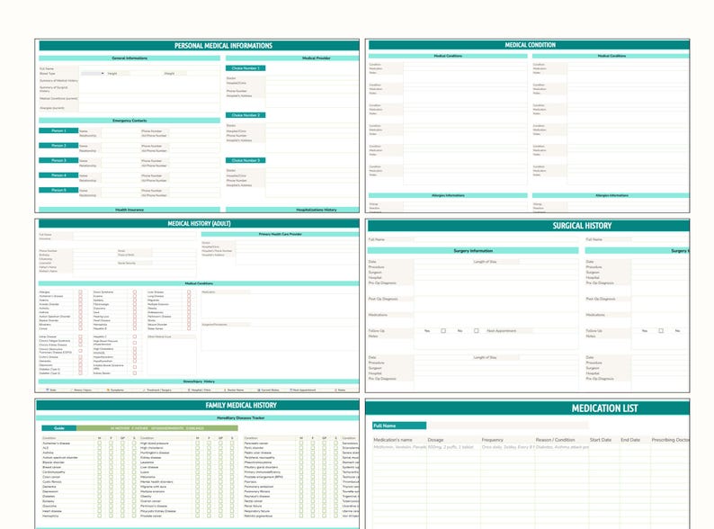 May include: Six medical forms in a teal and white design. The forms are divided into sections for personal medical information, medical conditions, medical history, surgical history, family medical history, and medication lists. The forms are designed for detailed record-keeping.